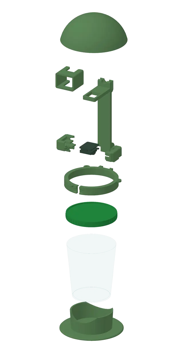 Vue éclatée de la station d'appât Hivora Sense : module caméra avec IA locale, support, couvercle et pot à mèche classique.