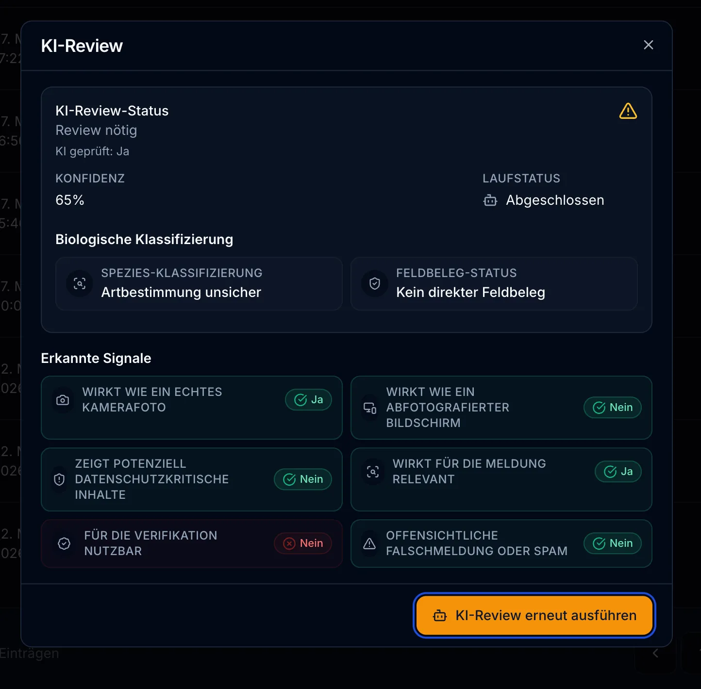 Hivora-Plattform: KI-Prüfung einer Sichtung mit Hinweisen zu Plausibilität und Bildqualität.